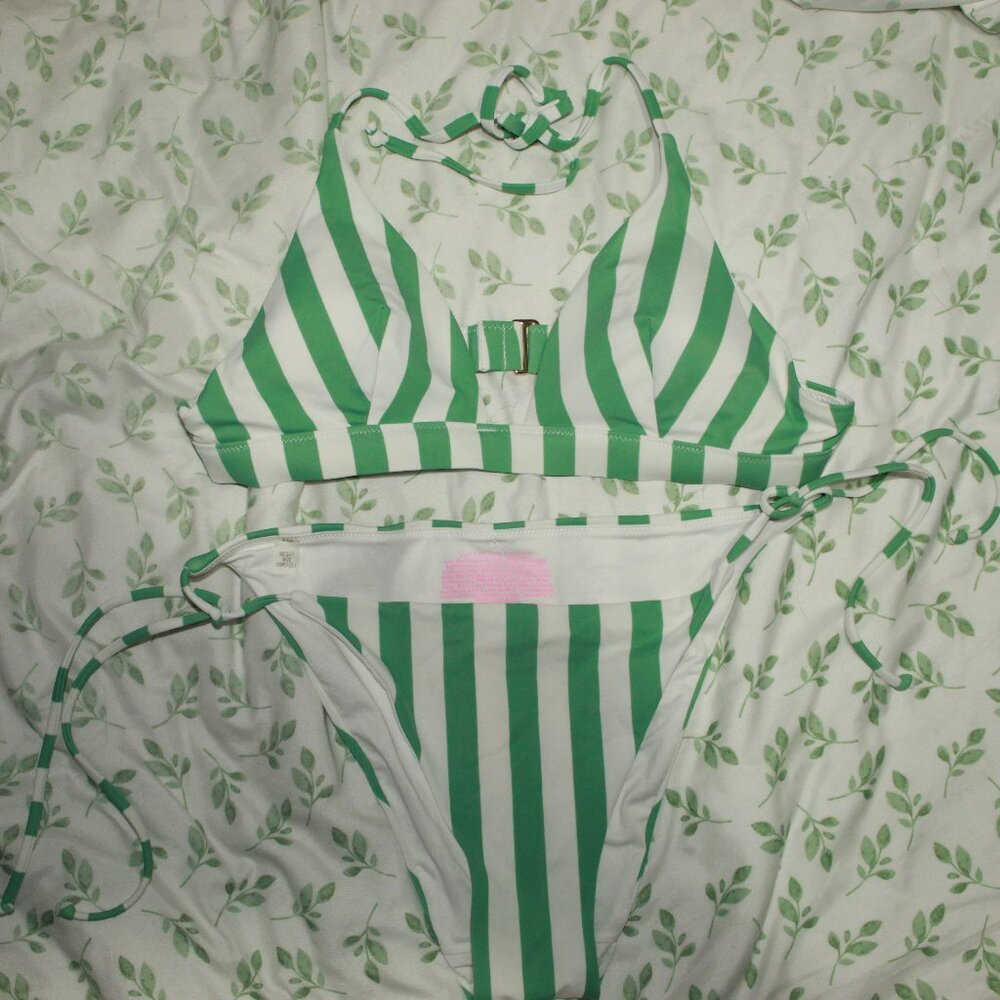 Victoria's Secret Women's 2 Piece Stripe Bikini White & Green Size Medium